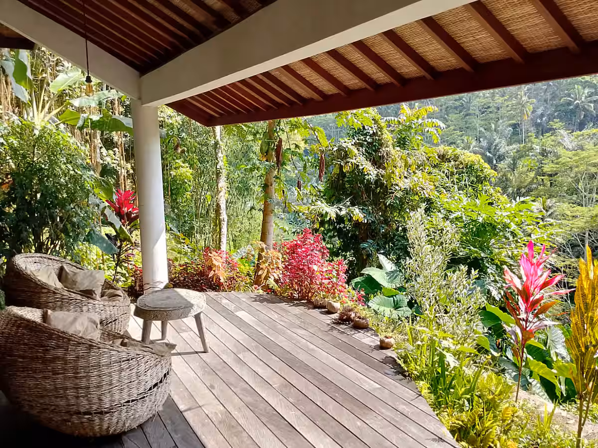 wooden deck with rice paddy views